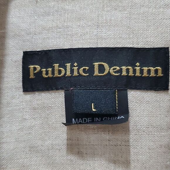 Public Denim Mens 100% Linen Tan Button Down Shirt, Size Large - Picture 2 of 5